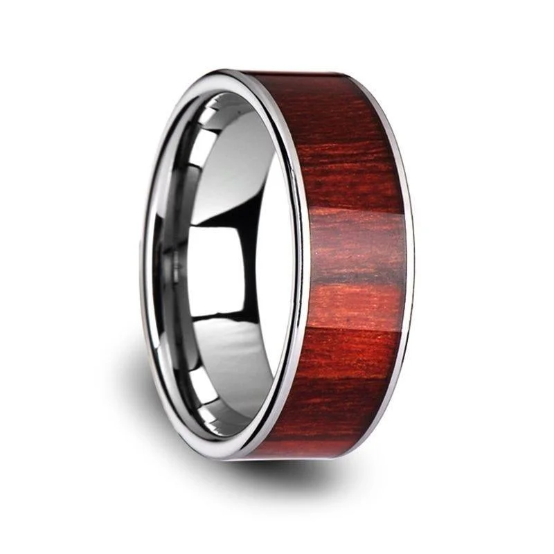 ruby engagement rings for women-SHERWOOD Flat Tungsten Carbide Band with Exotic Brazilian Rose Wood Inlay and Polished Edges - 8mm