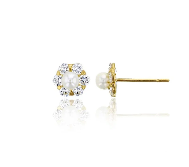 statement stud earrings for women-Freshwater Pearl Flower Stud Earrings (14K)