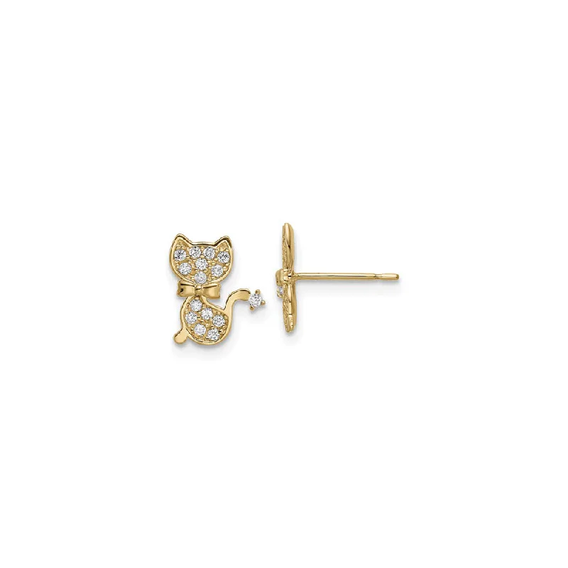 fashion hoop earrings for women-Cat with Bowtie CZ Stud Earrings (14K)