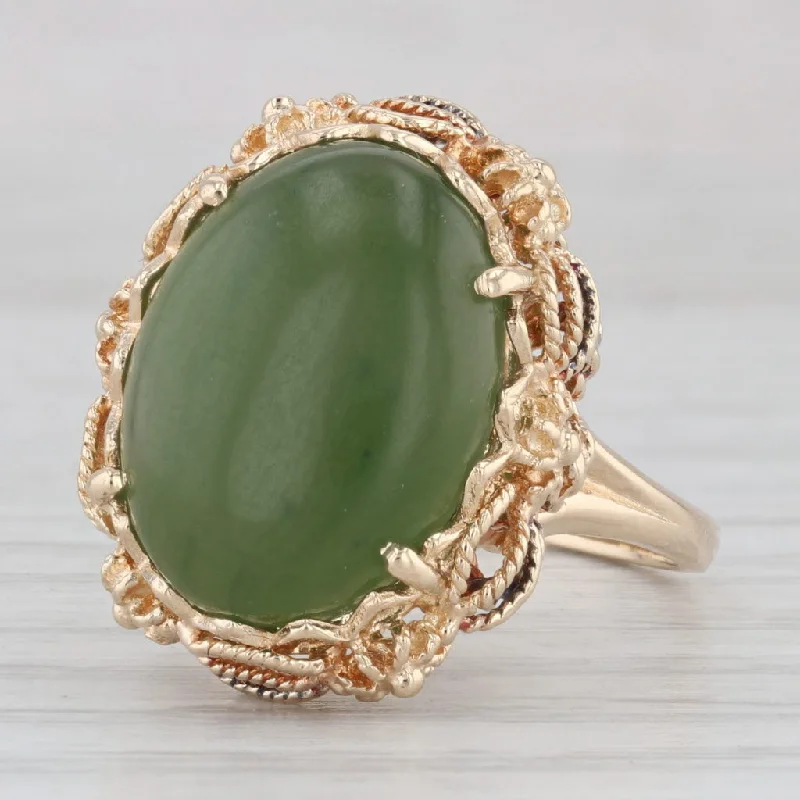 personalized engagement rings for women-Green Nephrite Jade Ring 14k Yellow Gold Oval Cabochon Size 7.5 Ornate Filigree