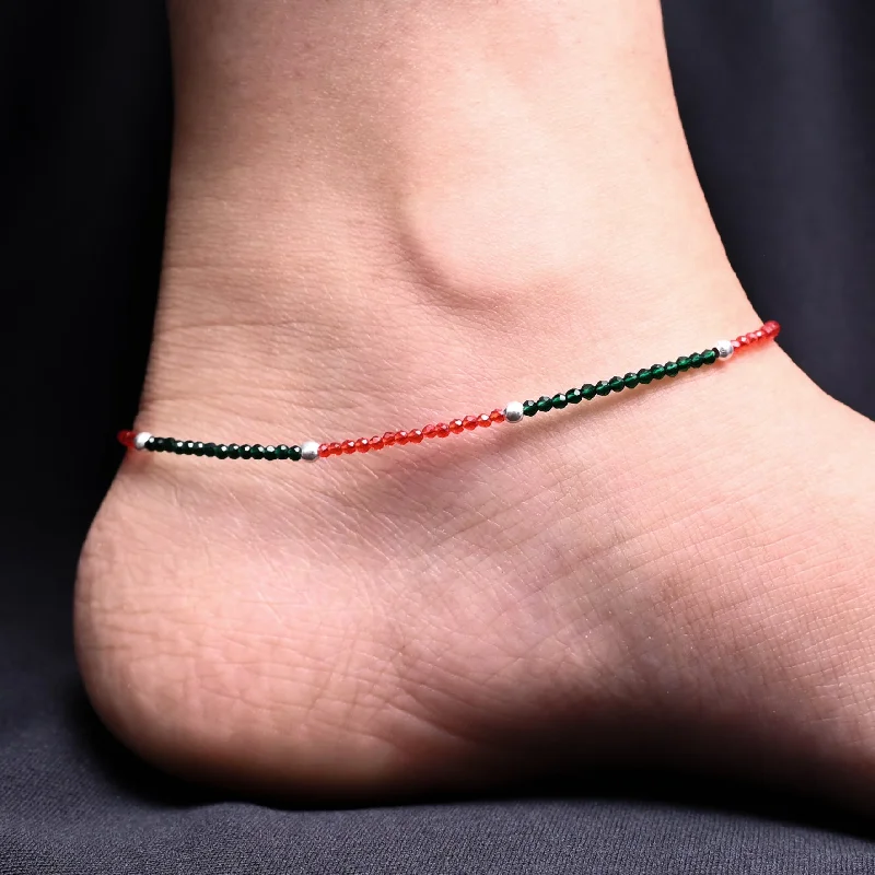 handcrafted anklets for women-Silver Black & Dark Green Beads Anklet