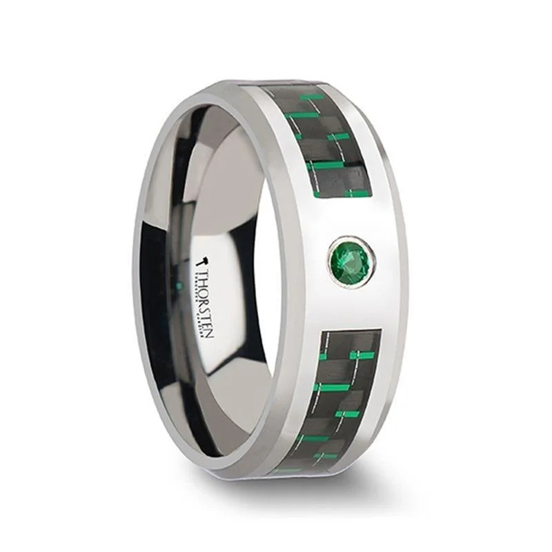 solitaire engagement rings with diamonds for women-ASPEN Tungsten Carbide Ring with Black & Green Carbon Fiber and Green Emerald - 8mm