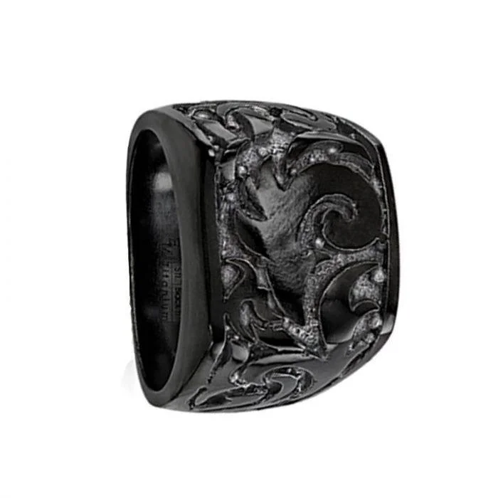 gold-plated engagement rings for women-AELIUS Black Titanium Signet Ring with a Casted Tribal Design by Edward Mirell - 17 mm