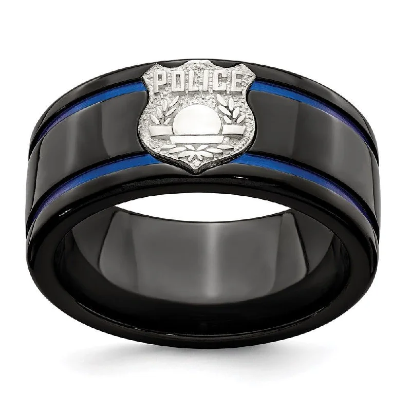 traditional engagement rings for women-Edward Mirell Black Ti Blue Anodized w/ SS Police Shield Tag 10mm Band