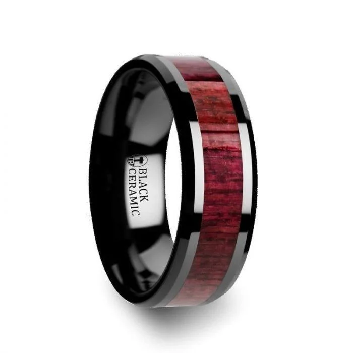 solitaire engagement rings with diamonds for women-MORADO Purple Heart Wood Inlaid Black Ceramic Ring with Beveled Edges - 8mm