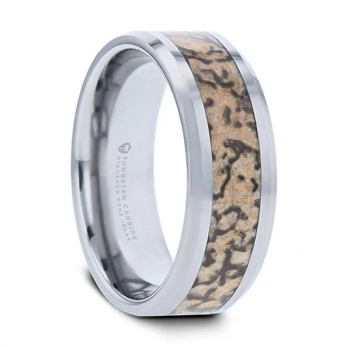 yellow gold engagement rings for women-ORDOVICIAN Dinosaur Bone Inlaid Tungsten Carbide Beveled Edged Ring - 4mm or 8mm