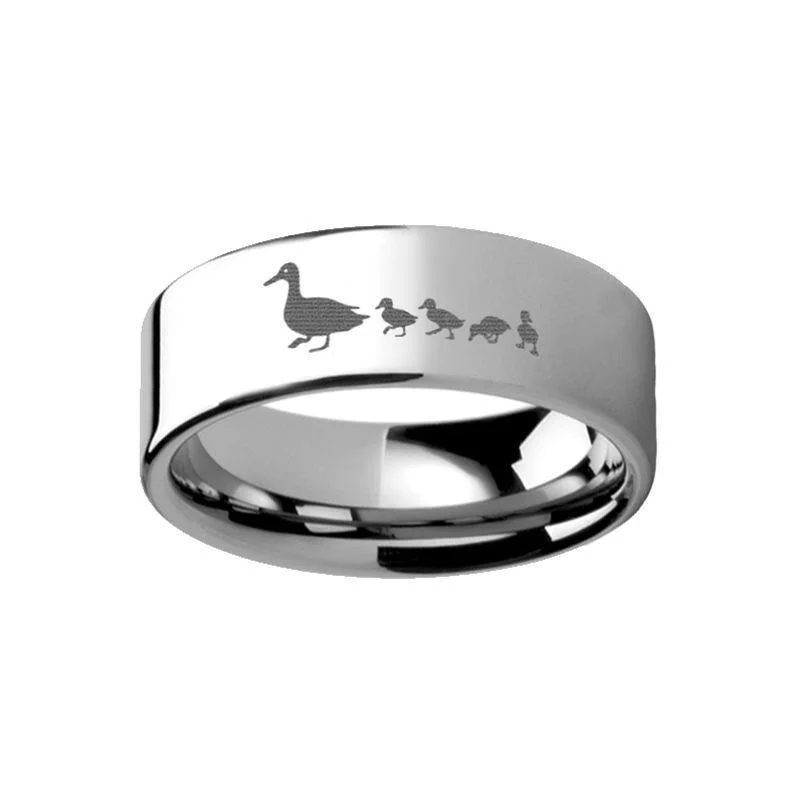 white sapphire engagement rings for women-Duck Duckling Landscape Engraved Flat Tungsten Ring - 4mm - 12mm