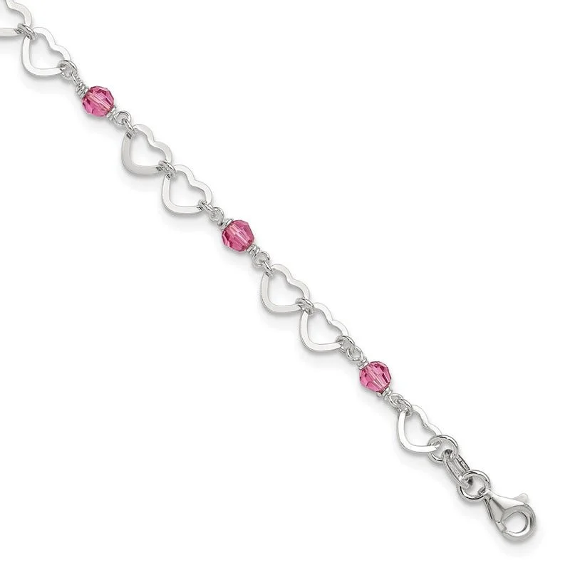 layered anklets for women-Sterling Silver Pink Beads and Polished Hearts 1in w/ext. Anklet