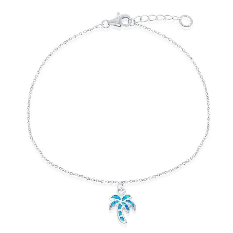 woven anklets for women-Sterling Silver Blue Inlay Opal Palm Tree Anklet