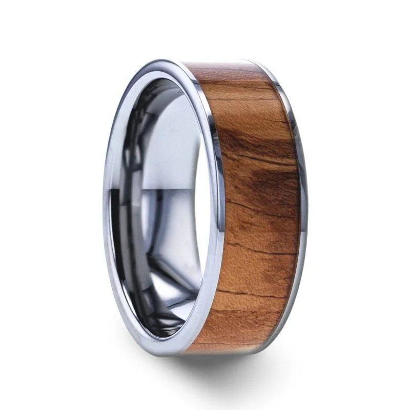 halo diamond engagement rings for women-OLIVASTER Olive Wood Inlaid Flat Tungsten Carbide Ring with Polished Edges - 8mm