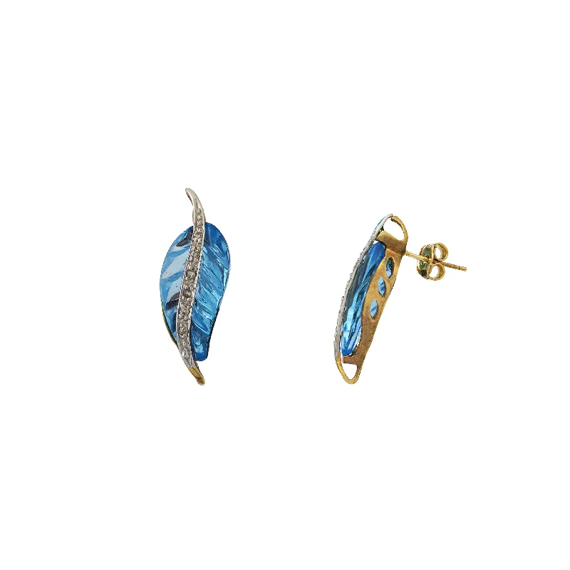 custom earrings for women-Two Tone Leaf Blue Topaz Earrings (14K)