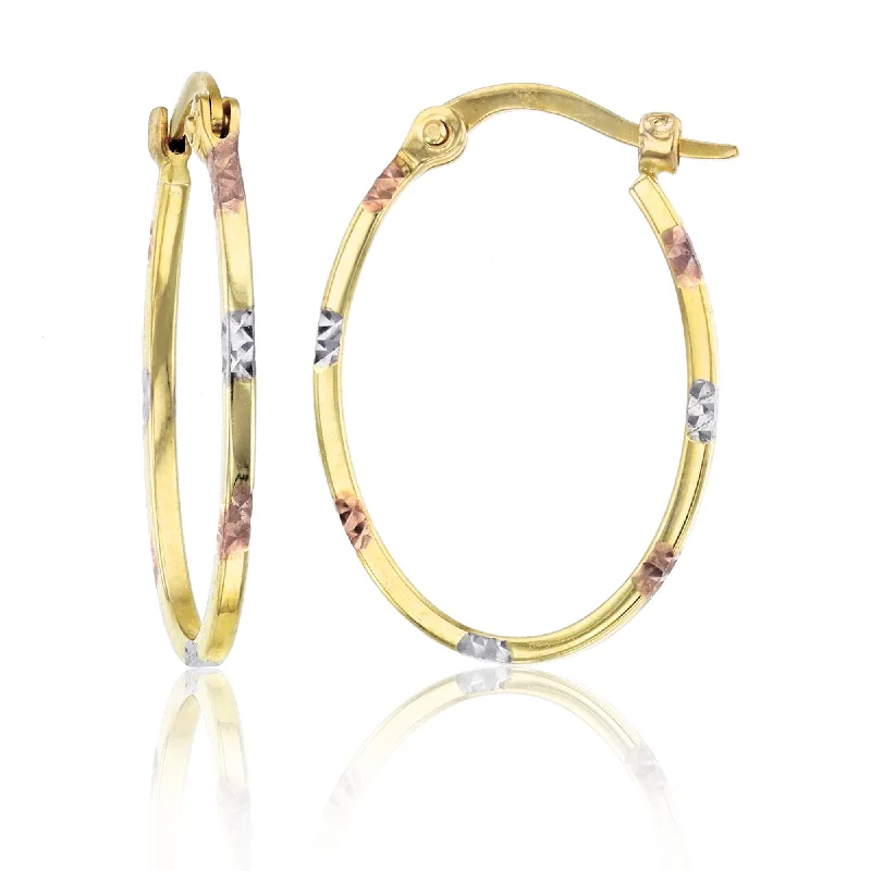 anniversary earrings for women-Tricolor Diamond Cut Hoop Earrings (14K)