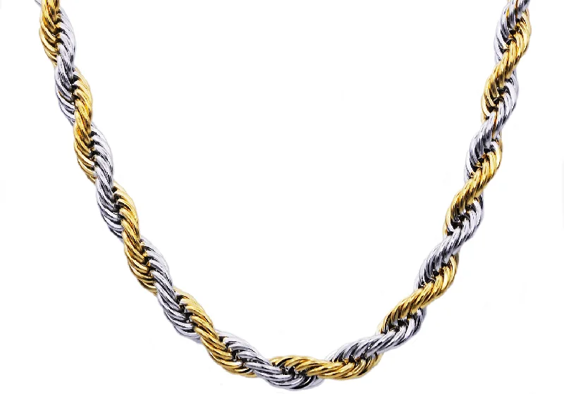 choker necklace for women-Mens Two tone Gold Stainless Steel Rope Chain Necklace