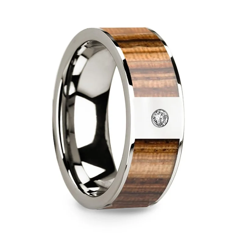 silver engagement rings for women-Flat 14k White Gold Ring with Zebra Wood Inlay & White Diamond Setting - 8mm