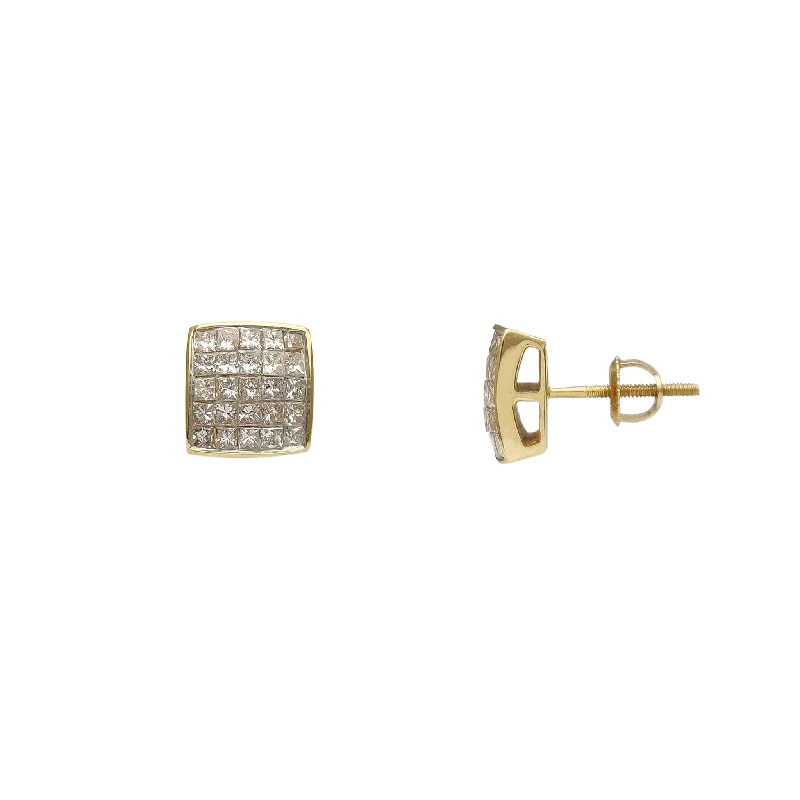 flower earrings for women-Diamond Invisible-Set Square Stud Earrings (14K)