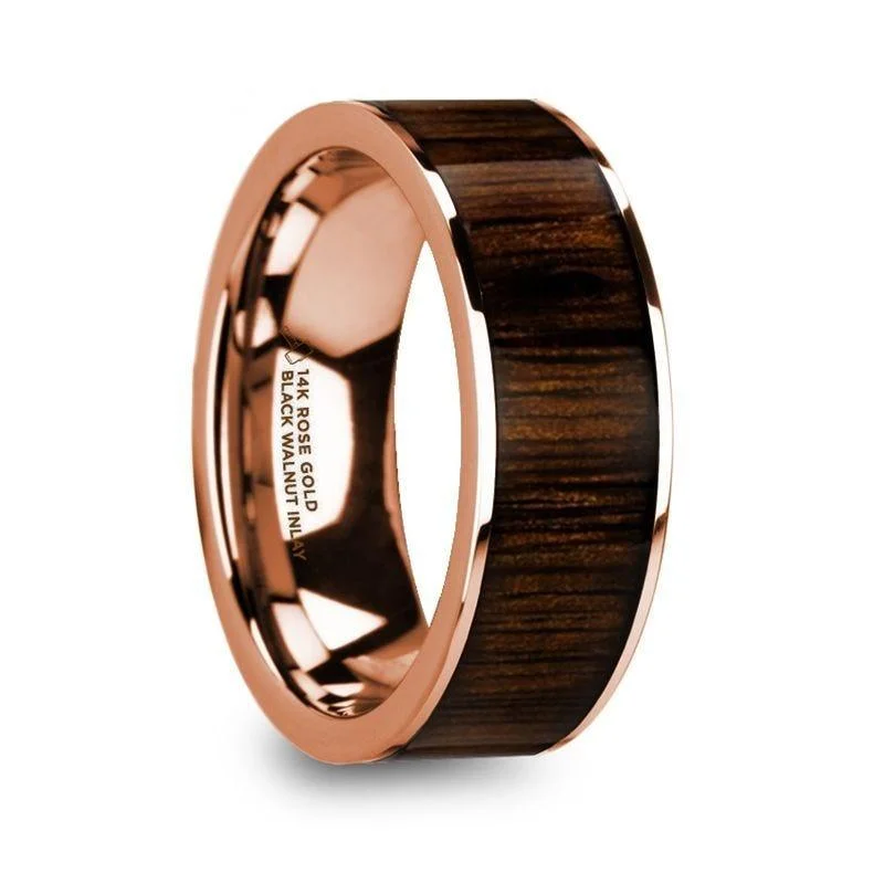 vintage engagement rings for women-MITSOS Polished 14k Rose Gold Men’s Ring with Black Walnut Wood Inlay - 8mm