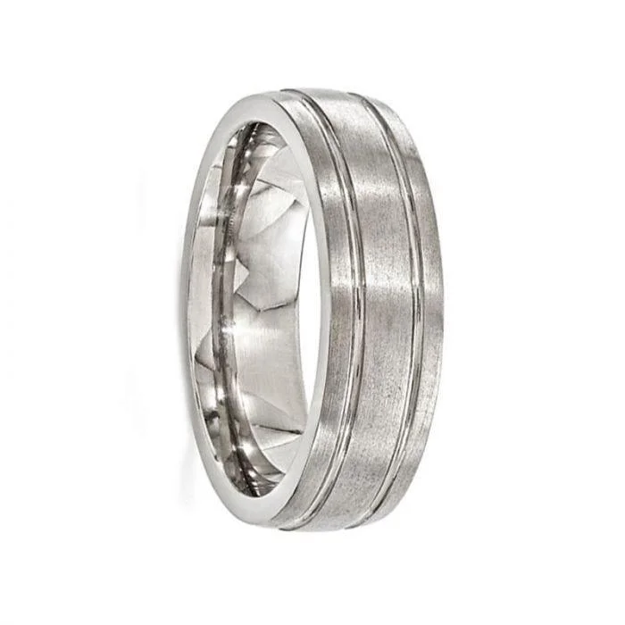 white gold engagement rings for women-MAURUS Brushed Titanium Ring with Polished Grooves by Edward Mirell - 7 mm