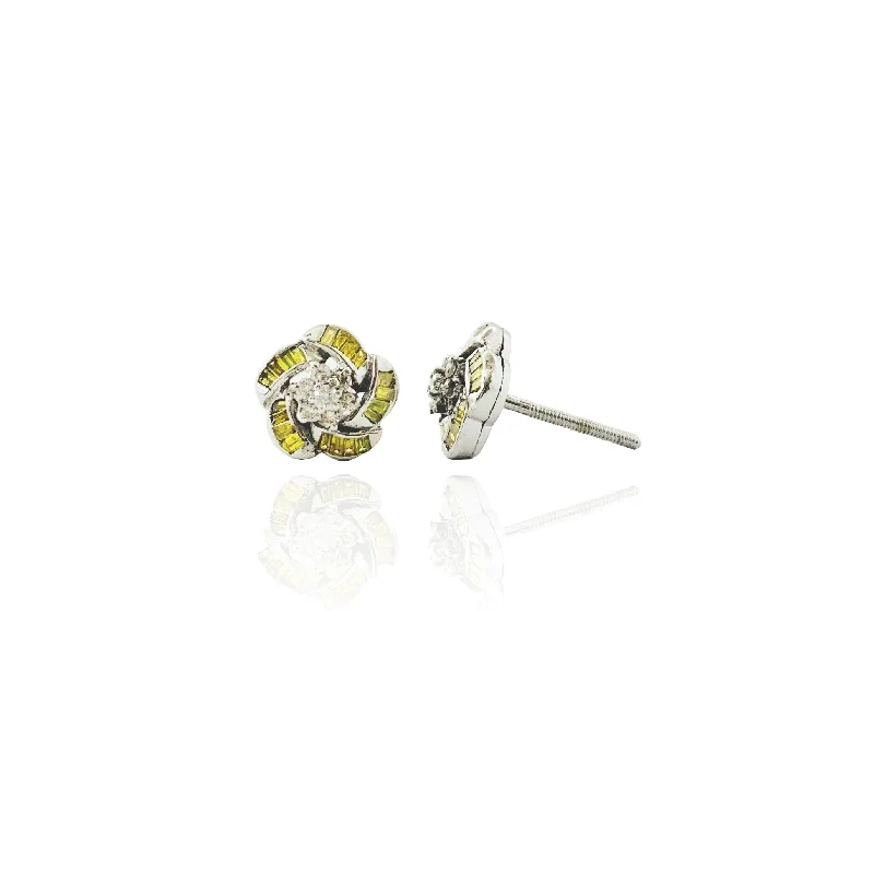 romantic earrings for women-Diamond Flower Design Earrings (14K).