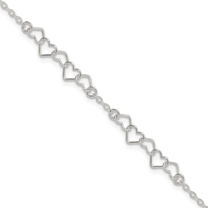 anklets for beachwear for women-Sterling Silver 10inch Polished Fancy Heart Link Anklet