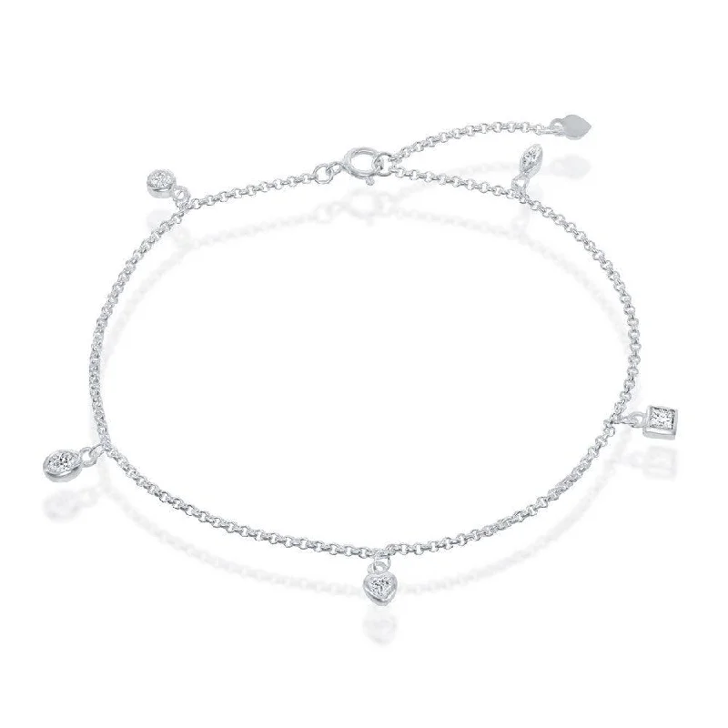 silver anklets for women-Sterling Silver Hanging Charms CZ Anklet