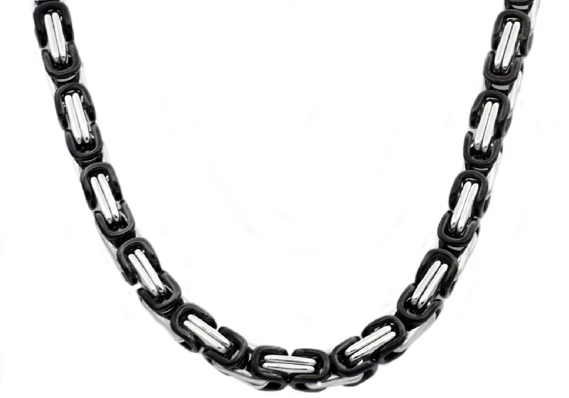 gold plated necklace for women-Mens Black Stainless Steel Byzantine Link Chain Necklace