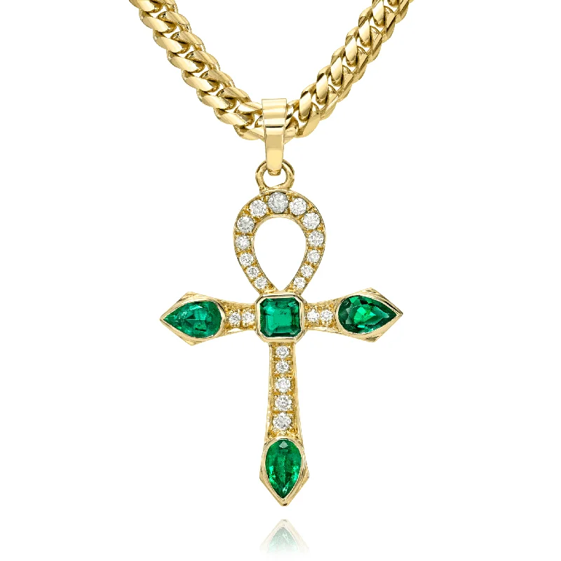 leather necklace for women-Eternal Ankh Pavé Diamond and Emerald Necklace | Ready to Ship