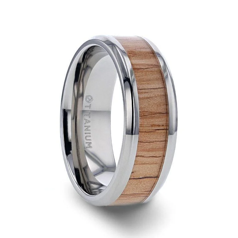 matching engagement rings for women-RUBRA Red Oak Wood Inlaid Titanium Ring with Bevels - 8mm