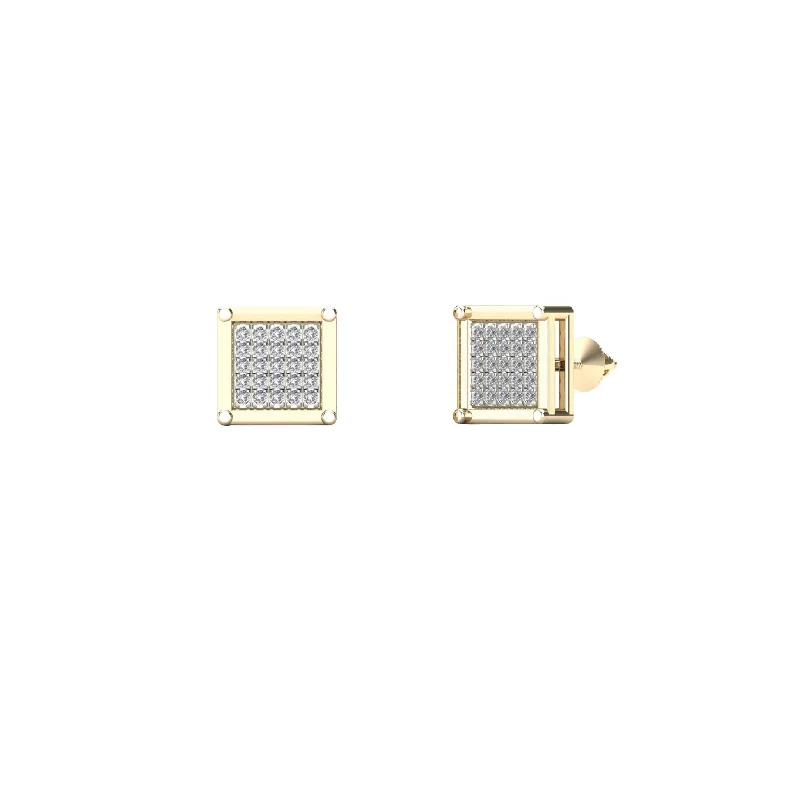 gold earrings for women-Diamond Pave Set Square Shaped Stud Earrings (14K)