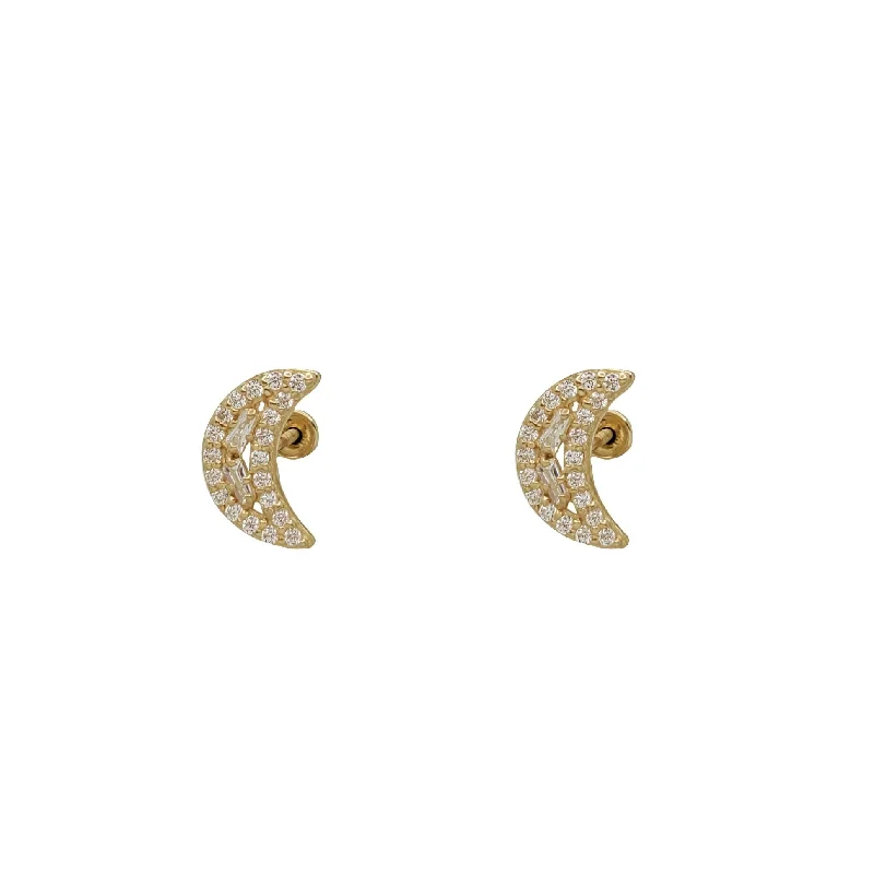 silver hoop earrings for women-Zirconia Moon Stud Earrings (14K)