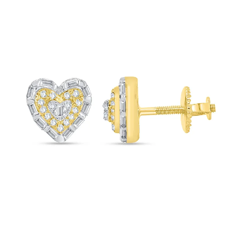 hoop earrings with diamonds for women-Diamond Baguette Heart Stud Earrings (14K)