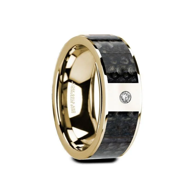 black diamond engagement rings for women-GAUFRID Flat 14K Yellow Gold Ring with Blue Dinosaur Bone Inlay & White Diamond Setting - 8mm