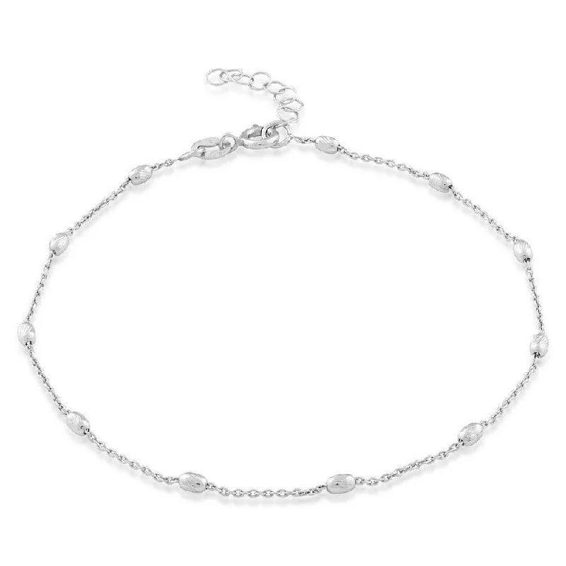 anklets with zirconia for women-Sterling Silver Diamond Cut 11 Oval Beads Anklet