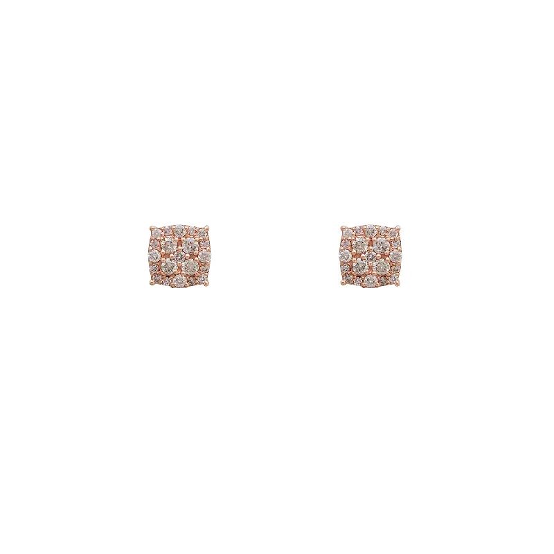 bold earrings for women-Diamond Cluster Square Stud Earrings (14K)