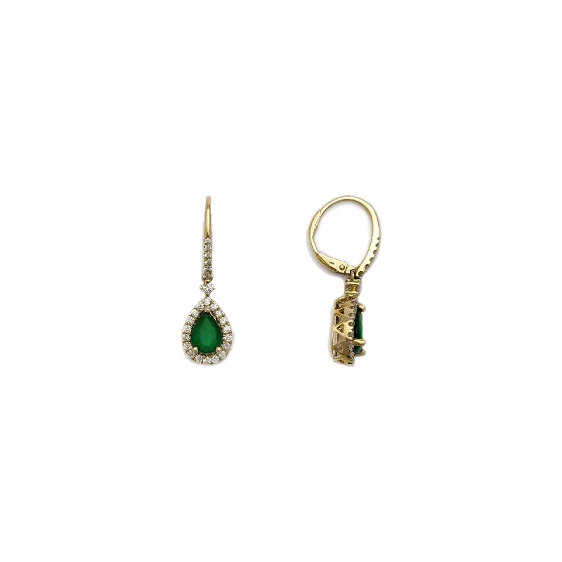 cubic zirconia earrings for women-Pear Emerald Diamond Halo Dangle Earrings (14K)