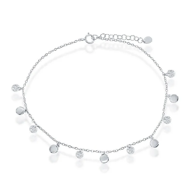 ankle bracelets with pearls for women-Sterling Silver Alternating Cubic Zirconia and Shiny Disc Anklet