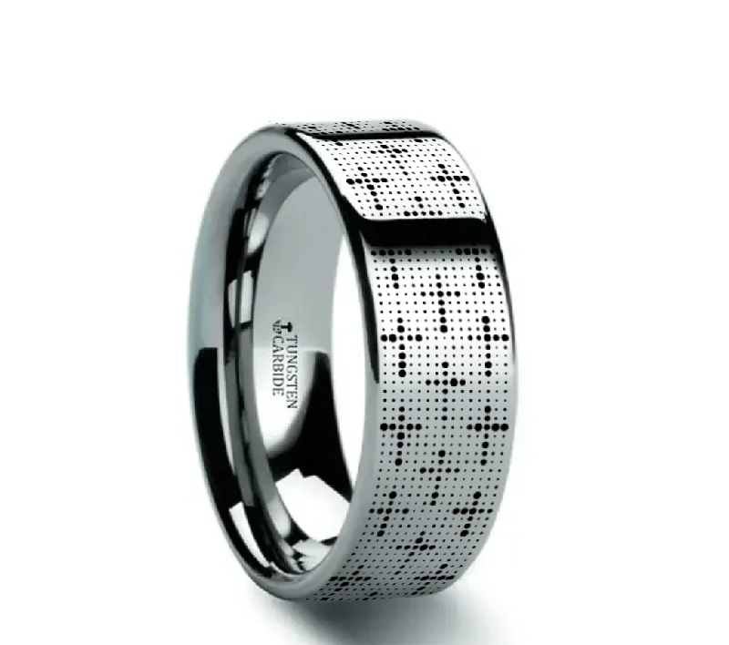 unique engagement rings for women-DOTTED CROSSES on Flat Tungsten Carbide Ring