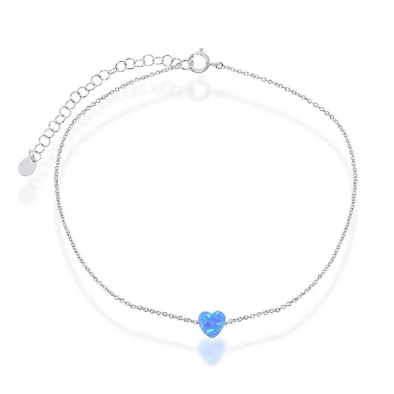 anklets with crystals for women-Sterling Silver Blue Opal Heart Anklet