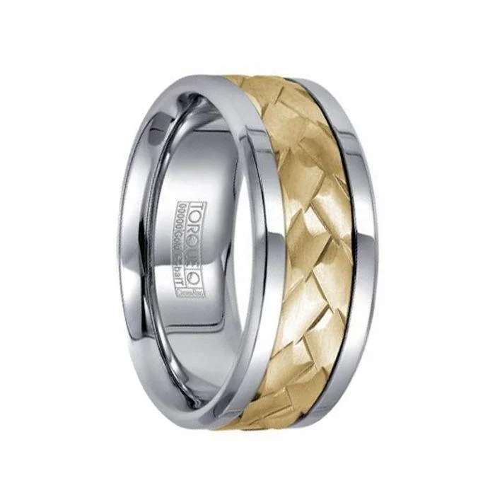 wedding engagement rings for women-White Cobalt Grooved Polished Men’s Ring with 14k Yellow Gold Hammered Inlay - 9mm