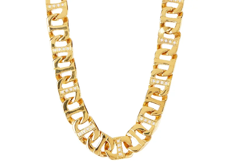 floral necklace for women-Mens Gold Stainless Steel Anchor Link Chain Necklace With Cubic Zirconia