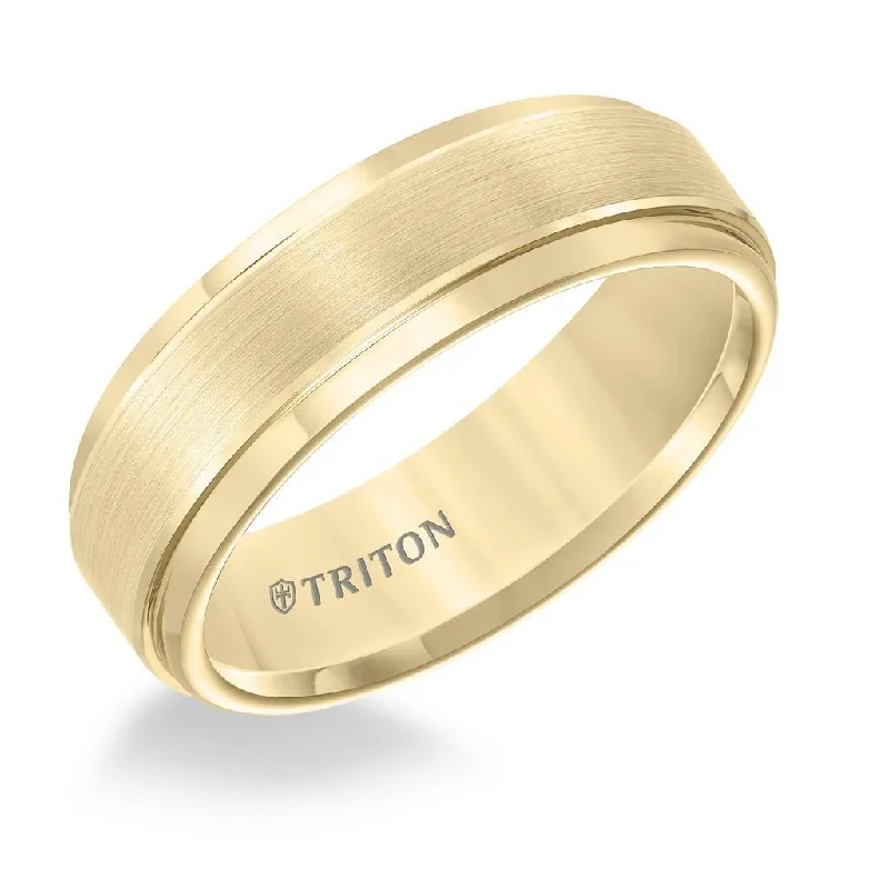 cushion engagement rings for women-CRISANTO Yellow Tungsten Carbide Step Edge Comfort Fit Band with Satin Center and Bright Polish Edges by Triton Rings - 7mm