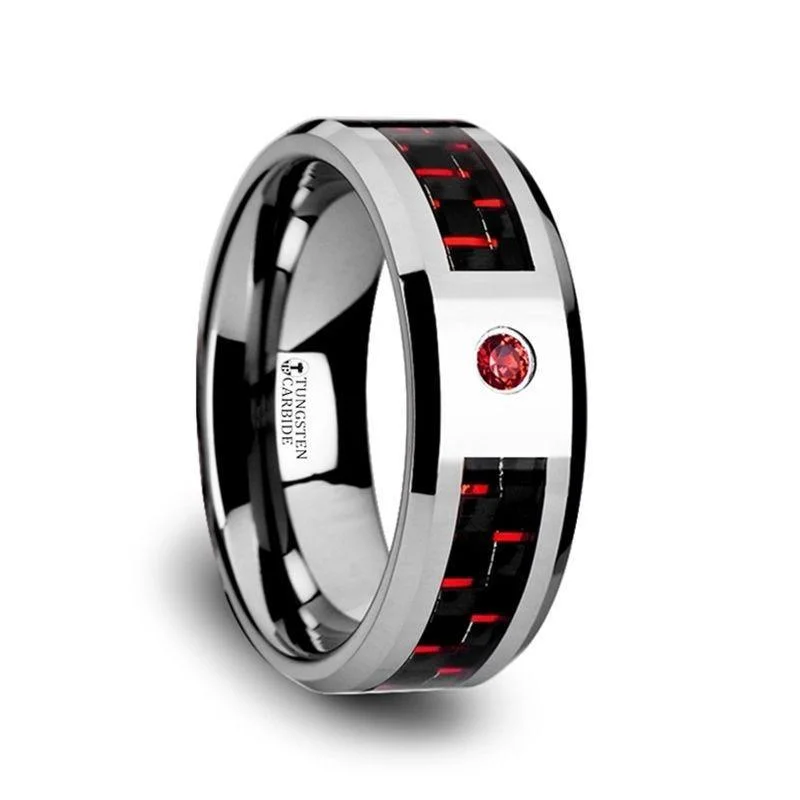 rose gold engagement rings for women-ADRIAN Tungsten Carbide Ring with Black and Red Carbon Fiber and Red Ruby Setting with Bevels - 8mm