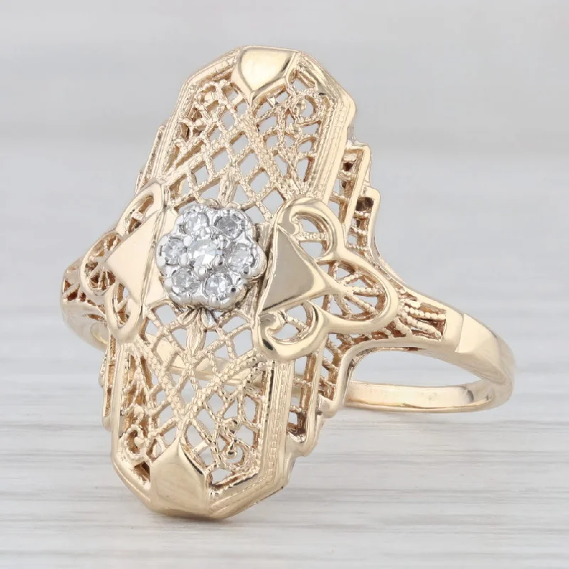 affordable engagement rings for women-Diamond Cluster Filigree Ring 10k Yellow Gold Size 9 Vintage Art Deco