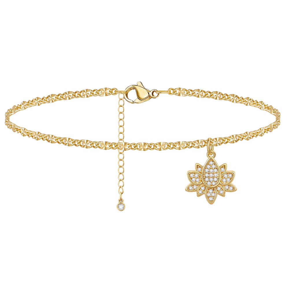 personalized ankle bracelets for women-Dainty 14k Gold Plated Adjustable Anklets- Lotus