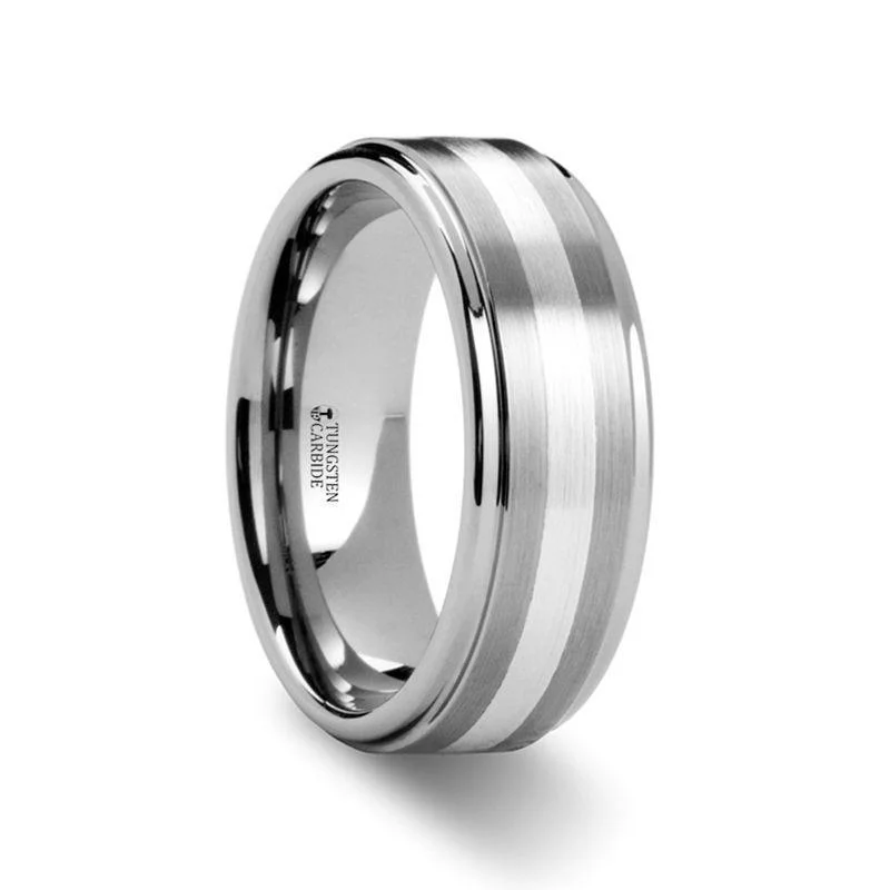 cushion engagement rings for women-PRAETOR Silver Inlaid Raised Satin Finish Tungsten Ring - 8 mm