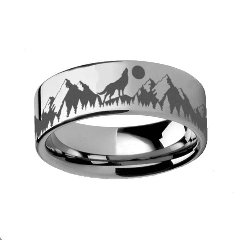 luxury diamond engagement rings for women-Howling Wolf Moon Mountain Ring Engraved Flat Tungsten Polished - 4mm - 12mm