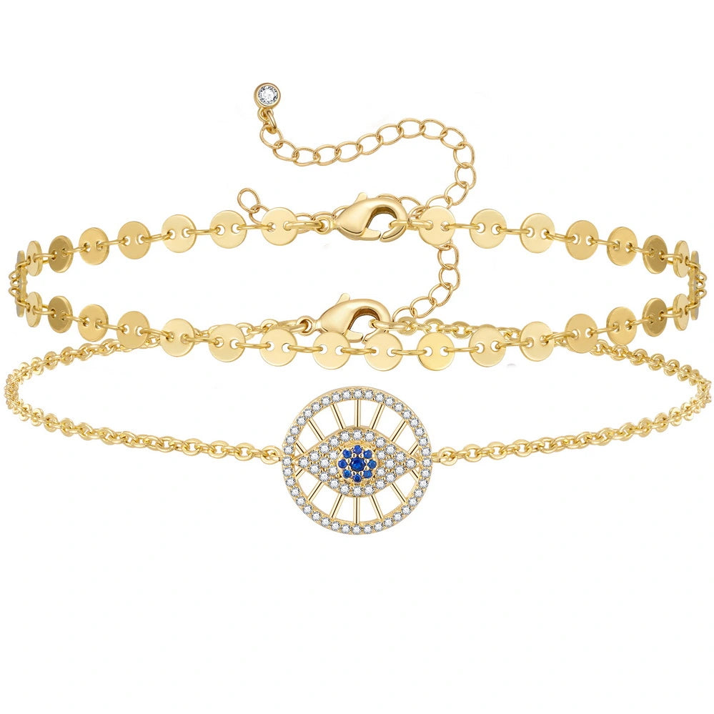 anklets for beach parties for women-Dainty 14k Gold Plated Layering Evil Eye Anklets Set- Round Eyes+Sequin