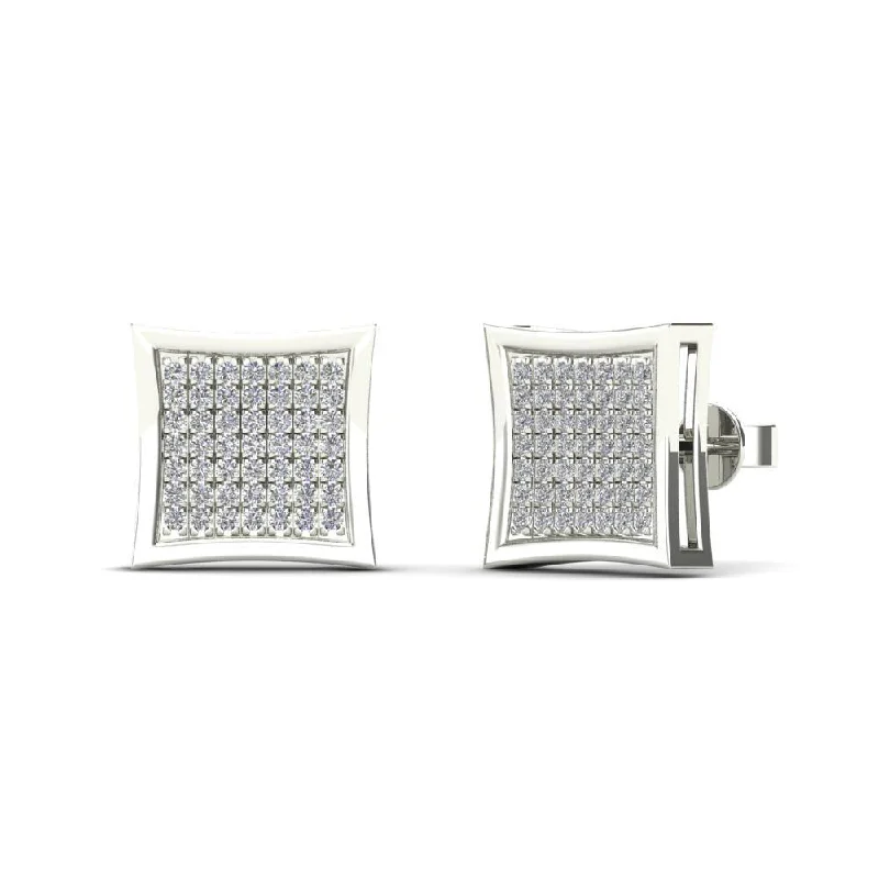 silver dangling earrings for women-Diamond Micro-Pave Concave Square Stud Earrings (14K)