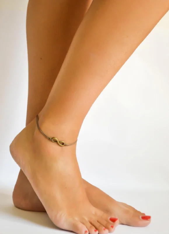 ankle chain bracelets for women-Handmade dainty brown cord anklet with bronze infinity charm