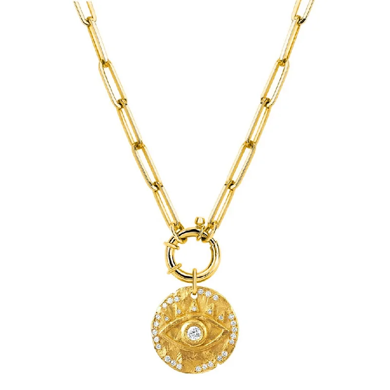 art deco necklace for women-Alchemy Link Charm Necklace with 18k Diamond Eye of Protection Coin Charm