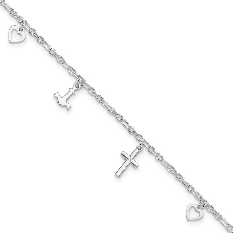 anklets for brides for women-Sterling Silver Cross Heart and Anchor 10in Plus 1in ext Anklet